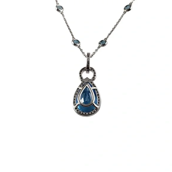 14 Karat White Gold Blue Topaz Diamond Pendant Necklace JAGi Cert. #13787